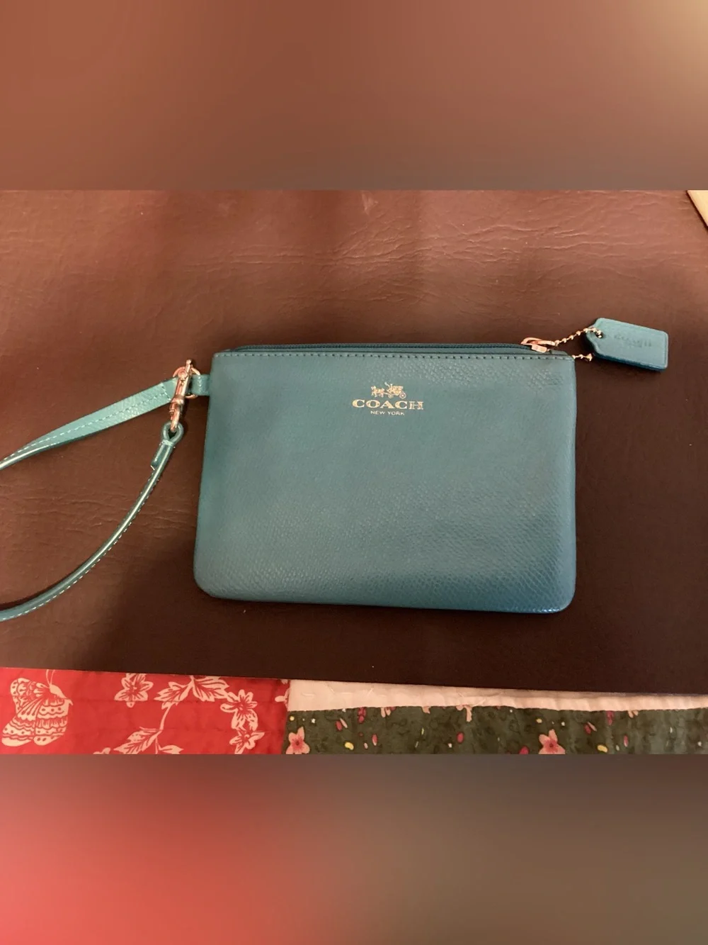 Coach Teal Leather Wristlet with Gold Hardware